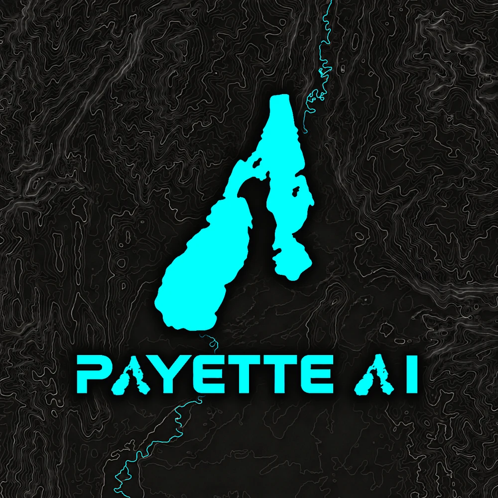 The original Payette AI identity: a large cyan Payette Lake emblem above the wordmark on a topographic map